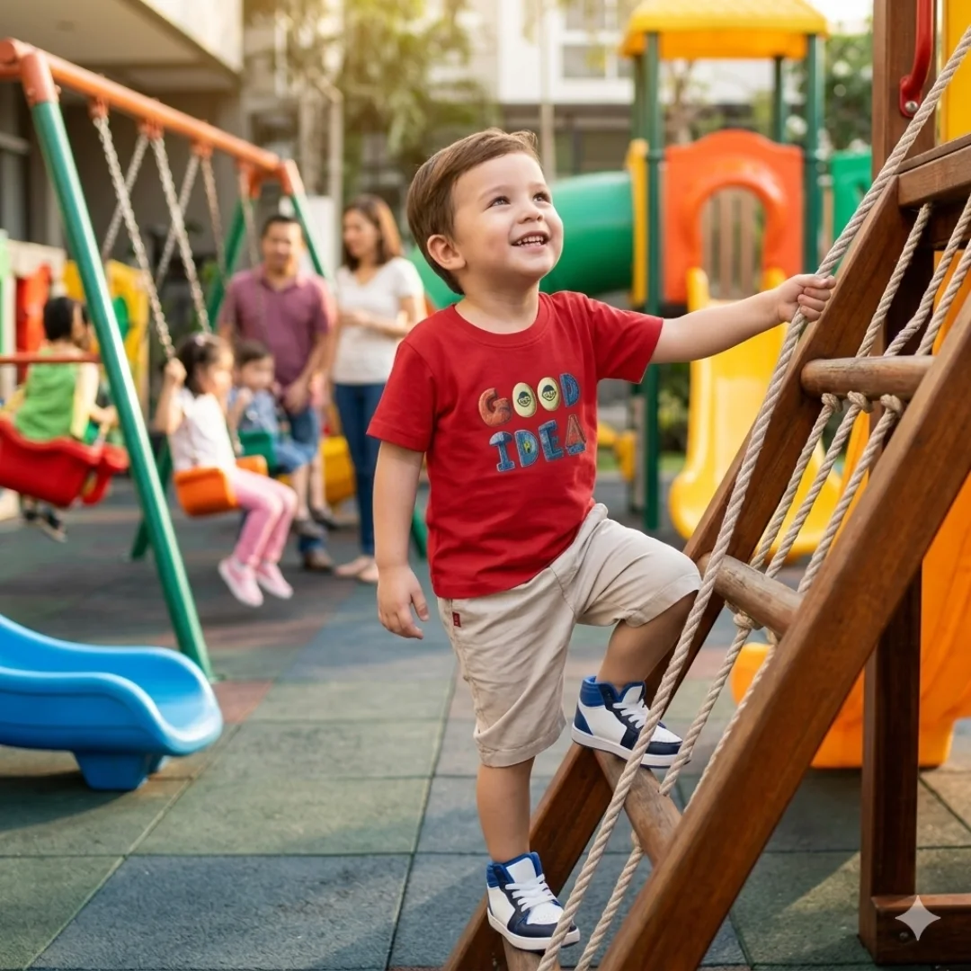 Anak main di taman pakai kaos WONKA Kids